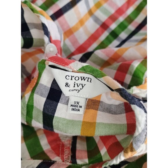 Crown & Ivy Size 2X Green Red Picnic Highland Holiday Ruffle Blouse - Picture 8 of 9